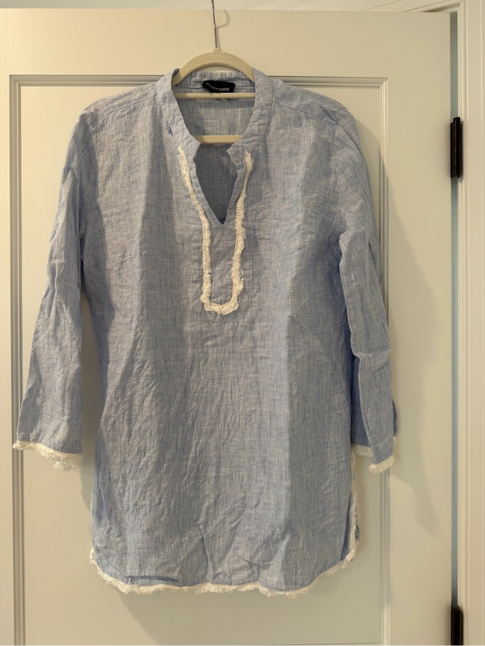 Light Blue Woven Tunic Top with White Trim